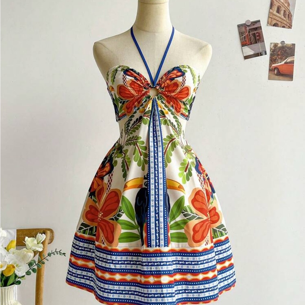 NEW Floral Halter Dress with Blue Accents